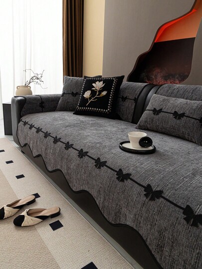 1pc European Style Fresh Asymmetrical Sofa Cushion Cover, Bow Trim Inlaid, Chenille Texture Sofa Pad, Luxury Minimalist Sofa Slipcover, Protect Sofa, Anti-Slip Anti-Dust Anti-Scratch, Decorate Sofa, Suitable For Bedroom Living Room Office Study, Machine Washable, Universal Sofa Cover