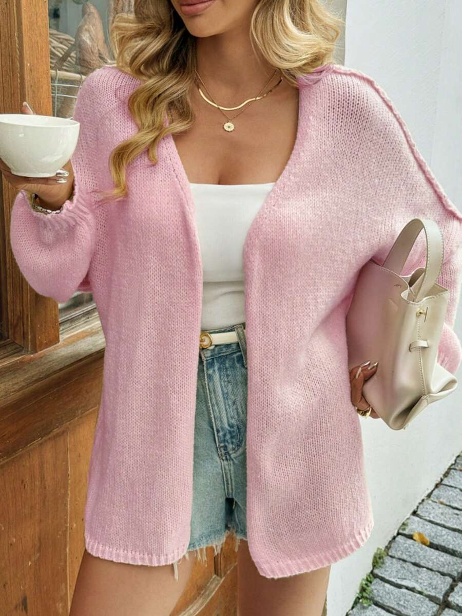 Cardigan à manches longues pour femmes en hiver avec épaules tombantes, confortable pour un port quotidien - Rose bonbon - Voir 1