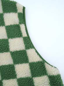 Ins Style Checkerboard Fleece Vest For Women, Cropped Retro Square Grid Pattern Loose Sleeveless Jacket Outerwear, Autumn/Winter - Green - View 8