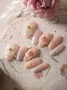 10pcs Press On Nails Fake Nails Halation Pink Green Dropping Glue Three-Dimensional Flower Ripple Office DailyWear False Nails Artificial Nails Kit Includes 1sheet Adhesive Tabs &1 Pc Mini File - Multicolor - View 10