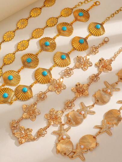 1pc Elegant Floral, Starfish & Shell Faux Pearl Waist Chain, Versatile & Chic Design, Suitable For Daily, Commute, Party & Date Wear