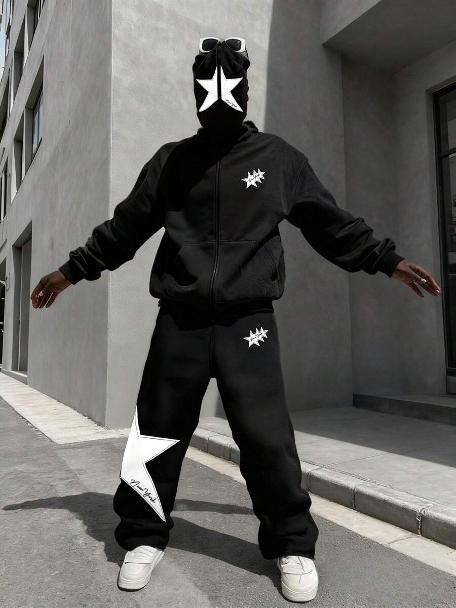 Conjunto de máscara, sudadera con capucha y pantalón de chándal de estilo callejero de moda para hombres - Negro - Ver 1