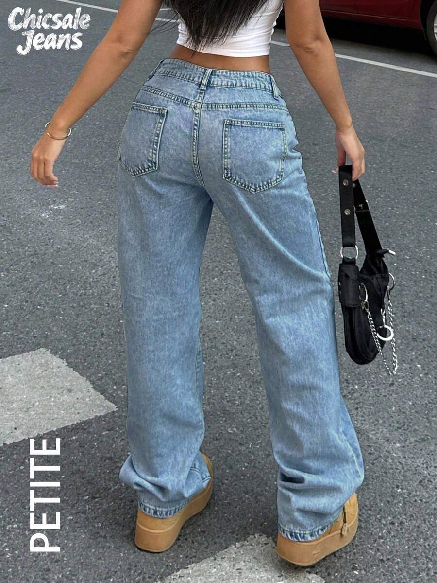 PETITE Women's Casual Water-Washed Wide Leg Denim Jeans For Daily Wear - Rửa trung bình - Xem 1