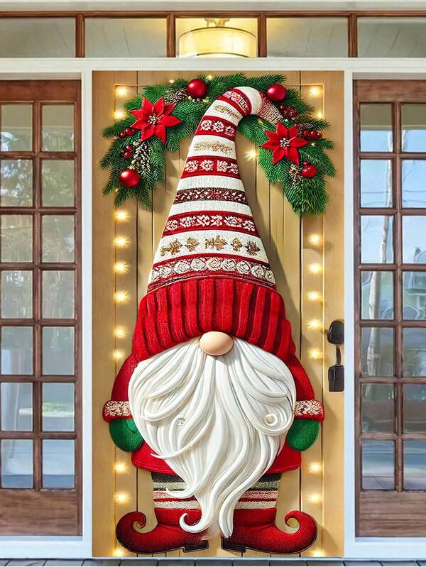 1 Stück Rotkäppchen-Zwerg mit Poinsettia-Kranz-Muster Weihnachts-Türverkleidung, festlicher Polyester Tür-förmiger Hängedekoration mit leuchtend roten Ornamenten, grünem Blattwerk und Lichterketten-Details, waschbar für Innen- und Außenbereich, perfekt als Weihnachts-Türdekoration und Akzent für Weihnachtsfeierlichkeiten, winterliche Festveranstaltungen