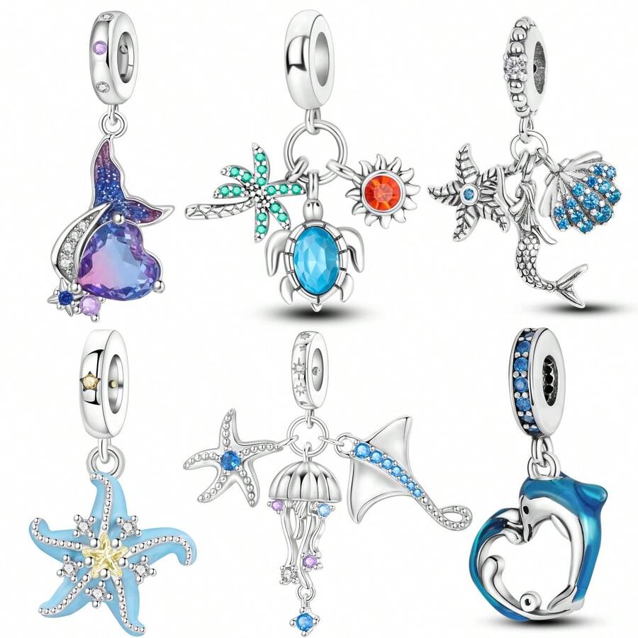 1 pieza Colgante plateado con encanto de vida marina, delfín, tortuga, estrella de mar, medusa, diablo marino, sirena para hacer pulseras, collares y joyería DIY como regalo de cumpleaños para mujeres