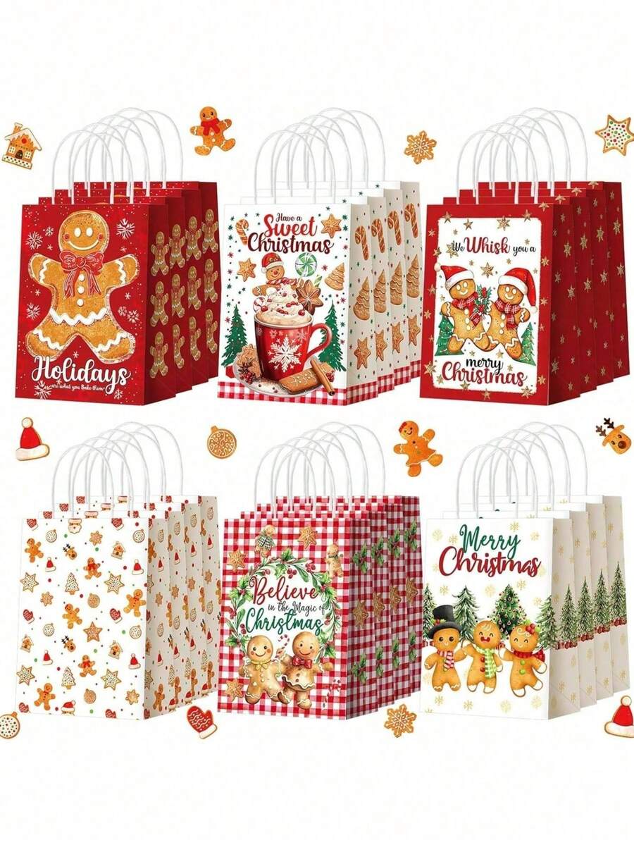 48/24/12 Peças Sacos de Presente de Biscoito de Gengibre de Natal - Sacos de Papel para Guloseimas de Natal com Alças, para Decoração de Festa de Natal e Suprimentos de Férias, Festa de Aniversário, Casamento, Presentes de Natal, Decorações de Natal, Festa de Aniversário, Presentes de Ano Novo, Cores e Estilos Aleatórios Natal Decorações de Natal Pijamas de Natal Presentes de Natal Decoração de Natal - Multicolorido - Visão 1