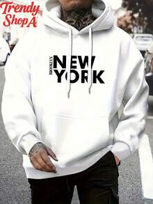 Herren Casual Hoodie Mit NEW YORK Grafik - Weißer Pullover-Sweatshirt, Lockerer Schnitt Für Alltag & Formelle Outfits, Maschinenwaschbare HerbstWinterbekleidung - Urban Streetwear Essentials, Pullover Hoodie, Geometrisches Buchstaben-Design, Strapazierfähiger Stoff, Herbstmode, Streetstyle, Bequemes Material, Strickpullover, Streetwear-Liebhaber