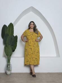 Printed Plus Size Midi Knit Dress - 芥末黃 - 查看 1
