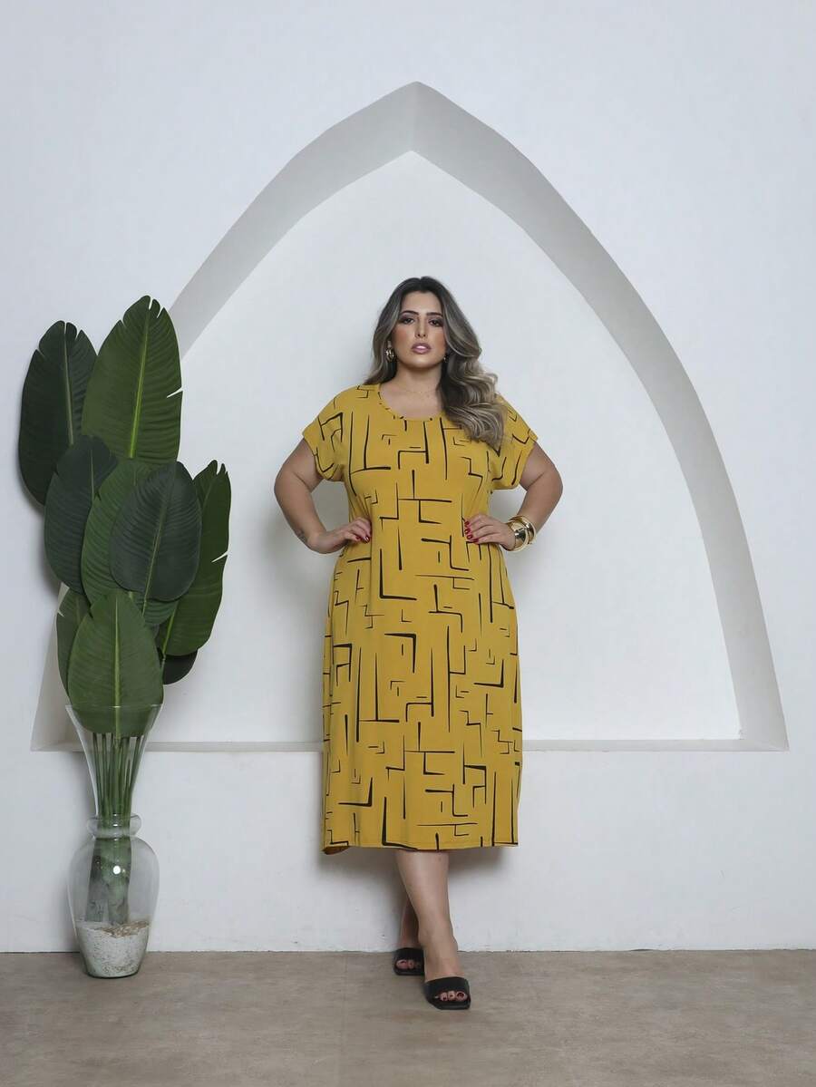 Printed Plus Size Midi Knit Dress - 芥末黃 - 查看 1