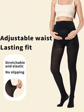 1 PC One Pair Of Black Maternity Tights Made Of High-Elastic Material, With An Adjustable Waist Design , Enabling Long-Lasting Fit And Comfortable Wear, In A Simple And Practical Style, For Daily Use During Pregnancy.