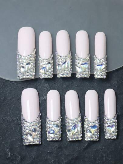 CrystalHola Christmas, 10 Pieces Of Handmade Press-On False Nails, Square French Tip Nails, Y2K, White Nail Surface With Shining Asymmetrical Gems, Low-Key And Gorgeous, Multiple Full Coverage Designs, Removable And Reusable, , Unique Summer Fingertip Art, A Must-Have Fashion Accessory For Parties And Weddings.