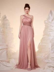 Mgiacy New Off-Shoulder Solid Bridesmaid Dress, Sheer Mesh Ruffle High Slit Maxi Dress Wedding Pink - Pink - View 3