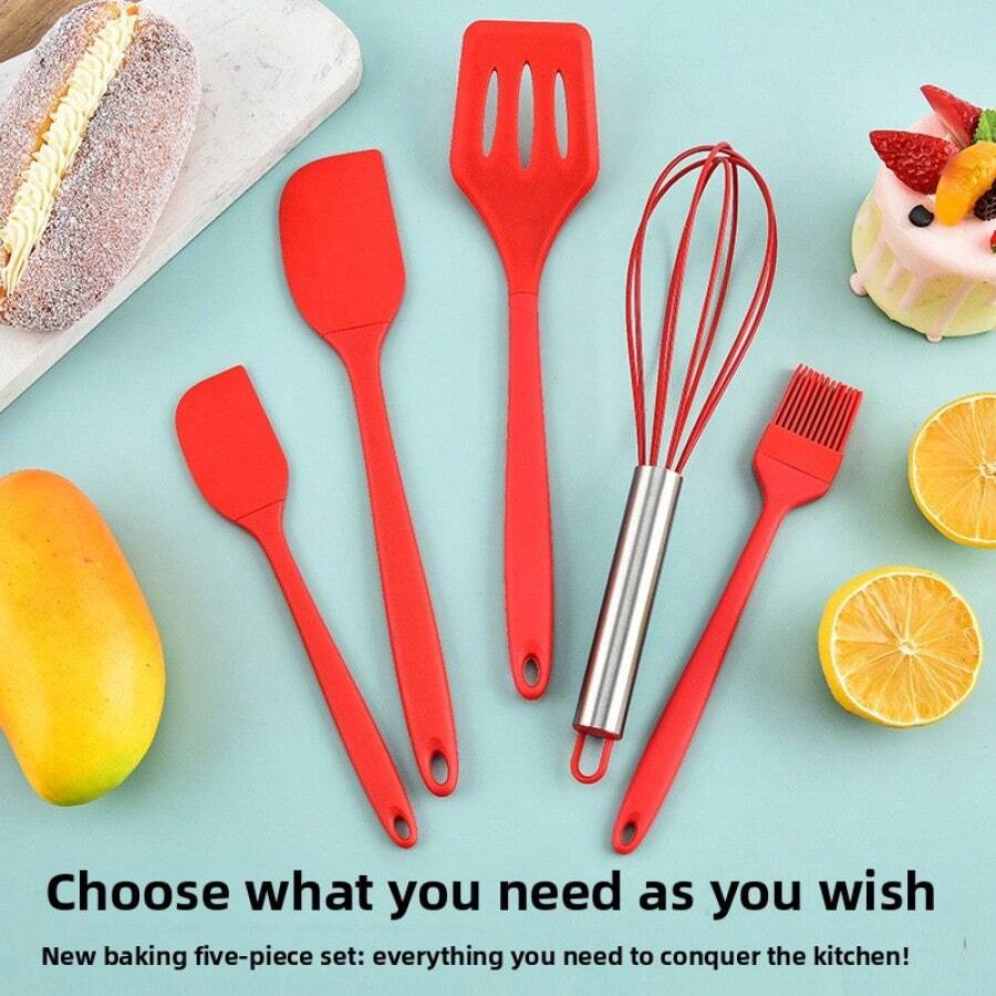 5pcs Silicone Spatula Set, Cake Scraper, Whisk, Baking Tools With Oil Brush - Baking 5-piece Set-pink - View 1