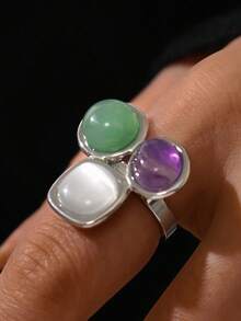 1 pieza Anillo de piedra tricolor asimétrico, diseño minimalista de acero inoxidable chapado en oro de 18K