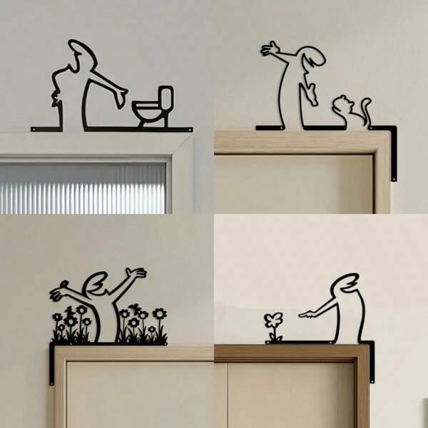 Decoración de pared de arte de metal con marco negro plano 2D, señal moderna de baño, sala de estar y mascota, decoración de esquina autoadhesiva para inodoro