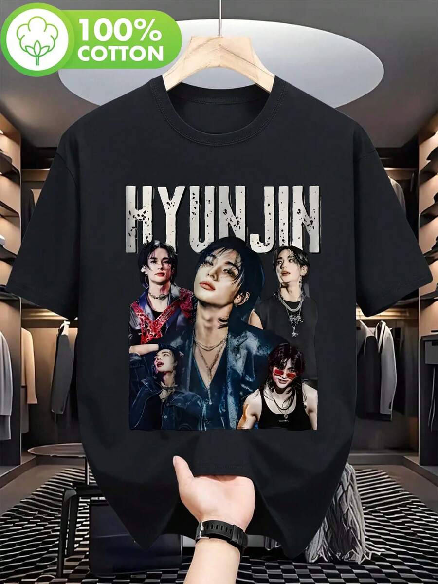 Men's T-Shirt - Funny Anime, Men's Christmas Costume, HYUN JIN K-Pop Concert T-Shirt - Black Graphic T-Shirt With Member Sporting Design, Unisex Crew Neck Shirt For Concerts, Gym, Casual Wear - Perfect Gift For K-Pop Fans (Spring/Autumn/Summer) - Ideal For Couples & Solo Outfits, Fan Merchandise, Bold Text Design, Comfortable Fit, Gym Outfit, Design, Durable Material, Short Sleeve Top, Music Lover, Men's T-Shirt, Men's Gym Clothes, Men's Clothing, Gym T-Shirt For Men, Ideal Gift For Friend, Teens & Adults - Versatile For Hiking, Beach, Parties & Leisure Trips, Fashion - 黑色 - 查看 1