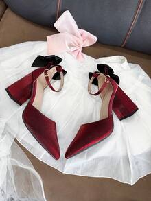 Minimalist Elegant Bowknot Decor High Heel Pumps, Cute & Versatile For Teens, Suitable For Birthday Party, Stage Show, Music Performance - Màu Đỏ Sâu - Xem 1