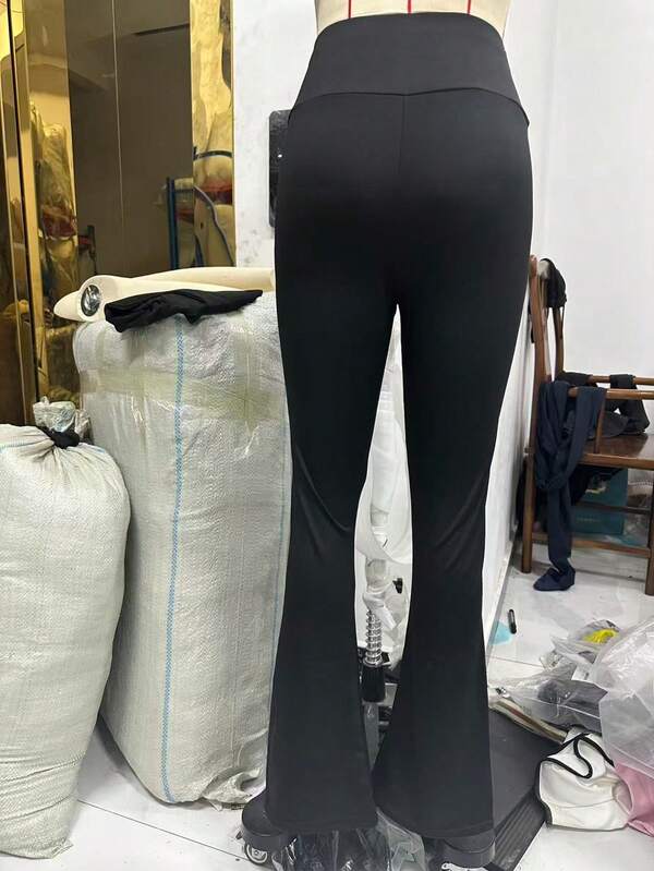 High Waisted Skinny Fit Flare Leg Yoga Pants, Solid Color Compression Bootcut Sports Casual Leggings For Women Tights