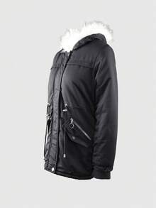 Áo khoác Parka lông thú giả đơn giản, thời trang, có túi khóa kéo, lót lông giữ nhiệt, thích hợp mặc vào mùa thu đông cho nữ - màu đen - Xem 2