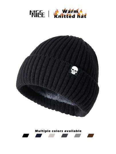 1 pièce Bonnet en tricot avec patch crâne pour homme, bonnet thermique doublé chaud, bonnet unisexe Y2K, chapeau coupe-vent pour l'extérieur, cadeau idéal pour les amis et la famille, automne/hiver