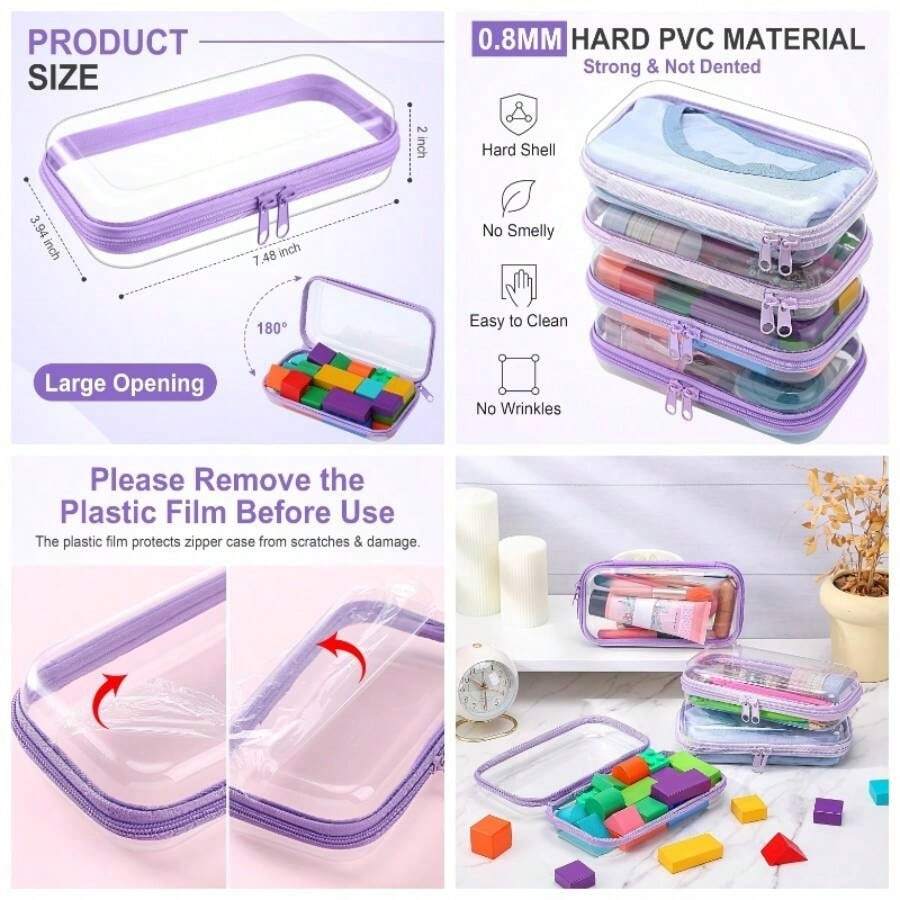 - 4 bolsas de maquillaje transparentes con cierre dura y transparente para lpices, caja de almacenamiento transparente para cosmticos, aperitivos, bloques de construccin, rompecabezas - Púrpura + 7,5 x 3,9 x 2 pulgadas - Ver 1
