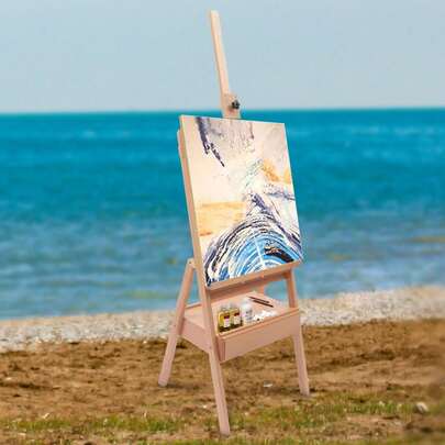 OUKANING Caballete de estudio de madera de haya plegable con cajón, ajustable en altura de 61 a 78 pulgadas, adecuado para pintura artística, publicidad al aire libre, niños y adultos