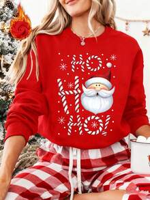 Ho Ho Ho 圣诞老人圣诞印花运动衫，休闲长袖圆领套头衫，女士服装，欢乐圣诞礼物，冬季服装，送给她的礼物 - 紅色 - 查看 1