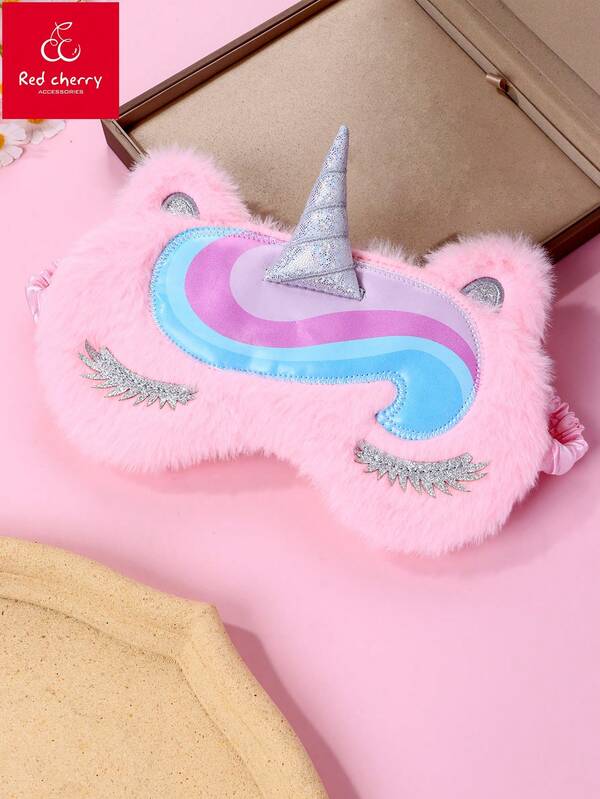1pc Girls' Rainbow Plush Unicorn Eye Mask With Gradient Color, Cute Embroidered Eyes Design For Everyday Wear & Sleep