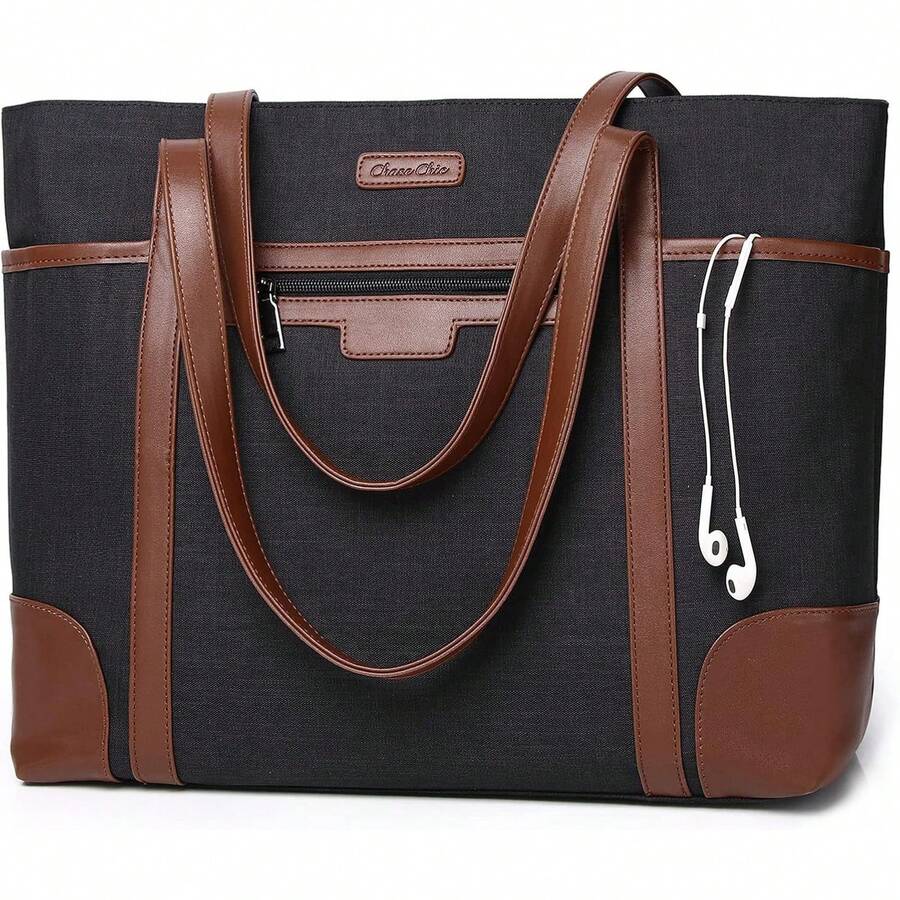 Bolsa para computadora portátil para mujer, resistente al agua, clásico, 15,6" - Negro y Marrón - Ver 1