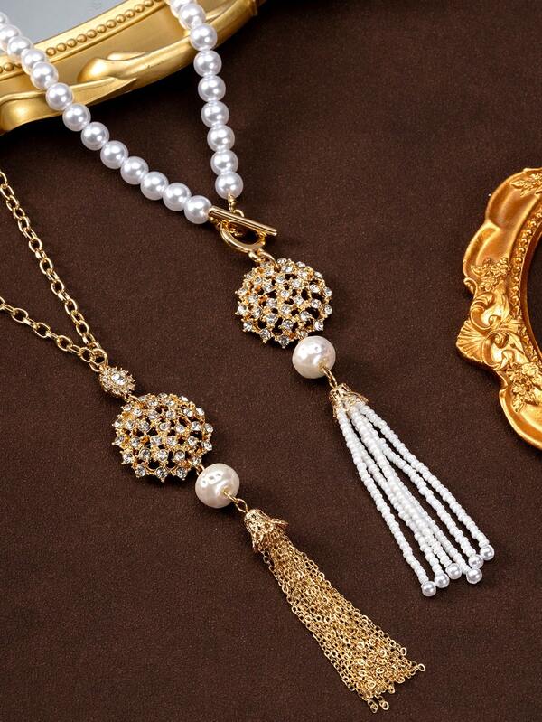 1pc Fashionable Retro Elegant Luxury Faux Pearl Beaded Geometric Rhinestone Embellished Tassel Long Necklace (Chain Style And Pearl Style Optional)