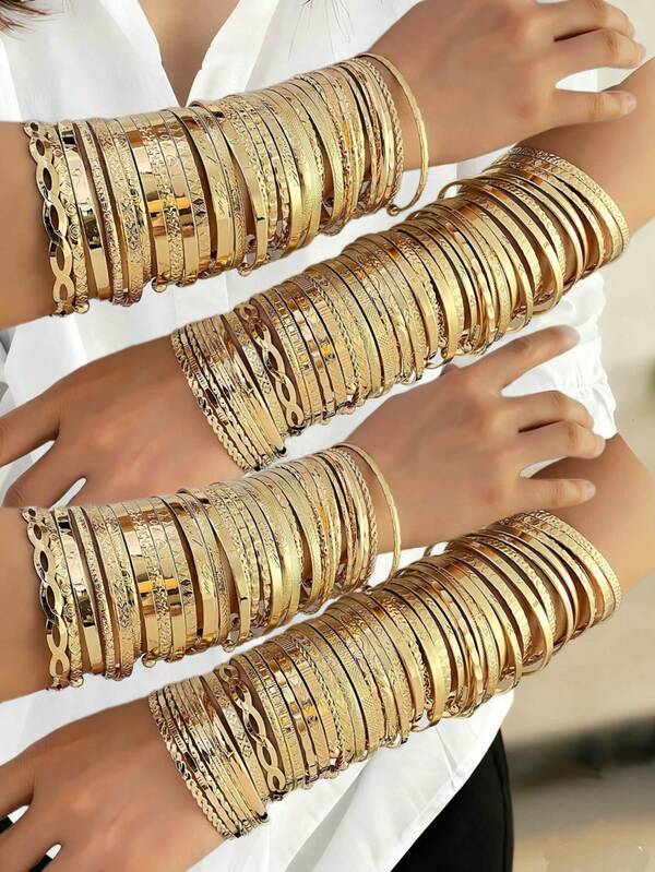 Set de 10/30/50 piezas de pulseras de metal con diseños florales y geométricos vintage, accesorios de joyería de moda para mujer, para uso diario, regalo para ella (estilos surtidos enviados al azar)