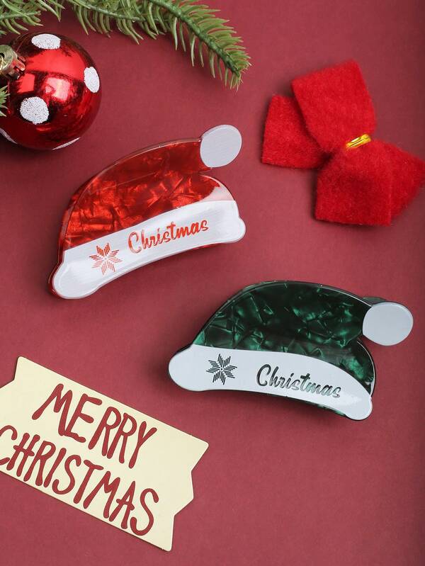 1pc/2pcs Christmas Cute Letter Print Santa Hat Hair Clips, Fashion Versatile Hair Claw Ponytail Bun Clips, Suitable For Holiday Costumes And Parties Claw Clips Winter Hair Accessories