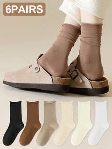 1/6 Pairs Women Melon Color Solid Cuffed Simple Versatile Comfortable Elastic Casual Socks, Suitable For Home, Spring/Autumn/Winter, Thermal Lined Mid-Calf Socks