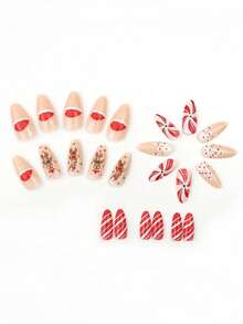 24 pezzi di smalto per unghie a goccia di medie dimensioni natalizio, stile europeo e americano, con strisce rosse natalizie, design carino di omini di pan di zenzero, patch decorative per arte di unghie, unghie finte completamente coperte, patch artistiche per il ritorno a scuola, accessori per arte di unghie, set di unghie versatile per uso quotidiano, adatto per donne d'ufficio, feste, appuntamenti e uso quotidiano per decorare le unghie e migliorare il tuo stile di moda
