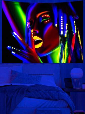 UV Reactive Tapestry Vibrant Face And Hand Makeup Art On Black Background Wall Hanging For Bedroom Living Room Party Festival Decor​