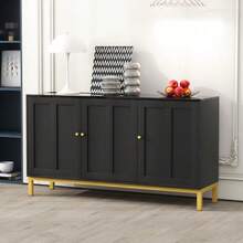 Stilvolles elegantes 3-türiges Sideboard mit Marmor-Tischplatte für Küche, Wohnzimmer und Esszimmer (Schwarz)