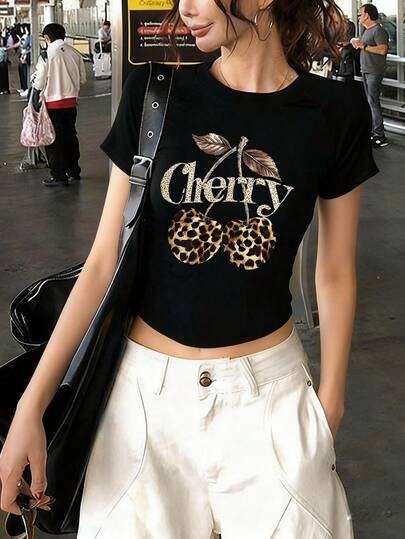 圆领字母樱桃印花短袖T恤女夏季