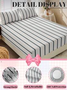 1pc Fitted Sheet, Bedding, Fitted Sheet, Fitted Sheet, Mattress Cover, Soft & Comfortable Mattress Protector, Home Decor, Blue & White Striped Minimalist Fitted Sheet, Without Pillowcase, Suitable For Twin, Full, Queen, King Bed, Bedding Gift, Machine Washable, Oeko-Tex Certified - Multicolor - View 6