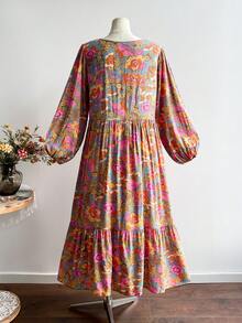 Rusttydustty Vestido plus size feminino, multicolorido, floral, boêmio, resort, manga lanterna, babados, bainha - Multicolorido - Ver 5
