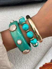 Set de 3 piezas de pulseras de metal con arco geométrico, perlas falsas y conchas, de estilo bohemio. Pulseras elegantes y lujosas para uso diario, casual o de fiesta, como regalo de joyería para mujeres.