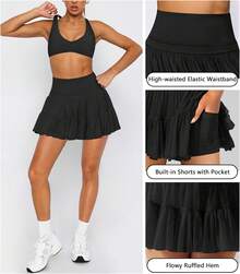 Women's Mini Skirt Skort Flowy Pleated High Waisted Ruffle Tennis Skirts For Women Athletic Skater Golf With Shorts Pockets - Black - View 4