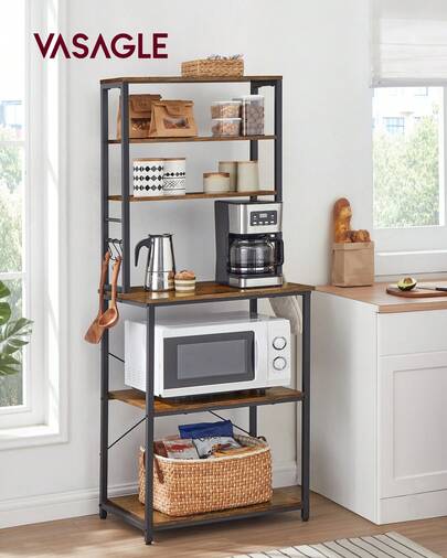 Kitchen Storage Rack, Coffee Bar, Baker's Rack, Total 6 Shelves And 6 Hooks, For Microwave, Steel Frame, Industrial, Rustic Brown And Black/Oak Colour And White