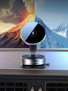 带无线充电的全新车载磁性手机支架 - 15W 快速充电，升级版磁性镜，720° 双轴全景视图，可拉伸、折叠和旋转超广角，RGB 灯，USB 供电，旋转助推器 + 真空吸盘