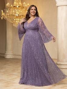 UNITHORSE فستان مساء مطوي بياقة V مع أكمام طويلة مناسب للمقاسات الكبيرة من يونيت هورس [طباعة عشوائية] - الأرجواني - مشاهدة 6