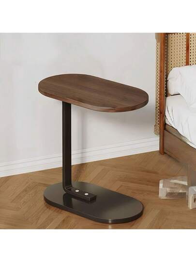 1pc Oval Side Tafel Removable Edge Space Saving Hardwood Sofa Coffee Living Room Or Bedroom, Moderne Wooden Top Metal Frame, Multi Tier Coffee, Snacks, Books Minimalist Tabletop,