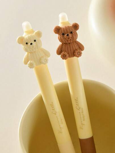 2pcs Cute Bear Design Retractable Pens With Eraser, Fine Point, Plastic, Smooth Writing, Hideable Feature, Ideal For School And Office Use, Pens For Writing