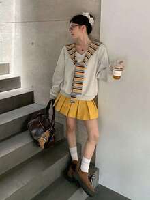 Women's Spring Knit Top, V-Neck Striped Poncho Faux Two Pieces Sweatshirt, Loose Casual Long Sleeve Jacket - Grey - View 3