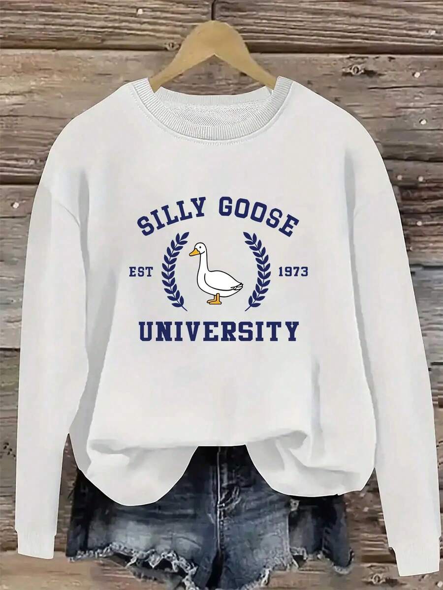 Women's Funny "Silly Goose University" Crewneck Sweatshirt - Olive Green Casual Pullover, Machine Washable Everyday Lounge Wear For Women, Allseason Apparel, Durable Fabric, Comfortable Texture - trắng - Xem 1