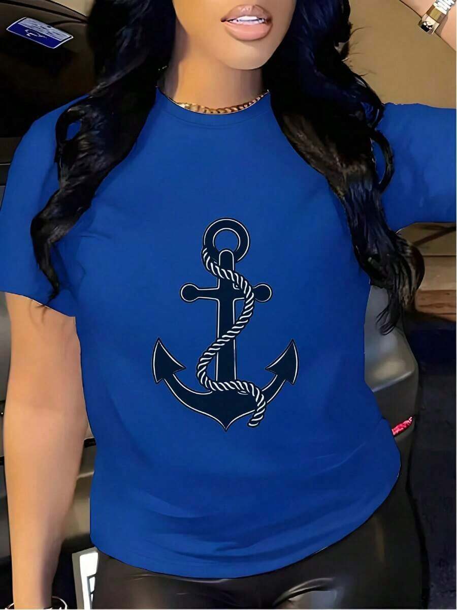 2025Women's Nautical Anchor Graphic T-Shirt - White & Navy Maritime Tee, Soft Breathable Fabric For Beach, Boating, Everyday Casual Fits - Sailor Gifts For Women, Cruise T Shirts, Boating Apparel, Knot Detail, Lightweight Tee, Stylish Blouse, Sailor Style LoversLoose And ComfortableComfortable Casual Tops-J - 藍色 - 查看 1