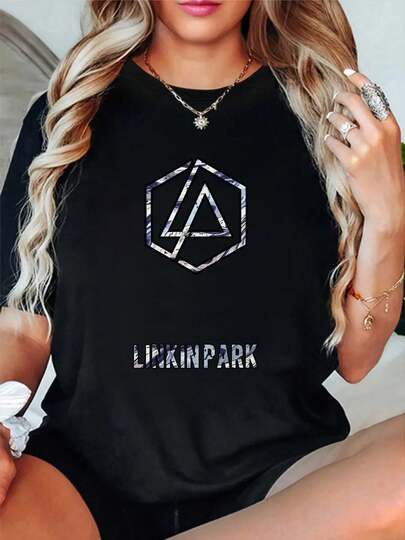 100% Cotton Linkin Park Logo On Black Shirt Round Neck Short Sleeve T-Shirt Women's Men's Fashion Summer Tops Printing Graphic Tee